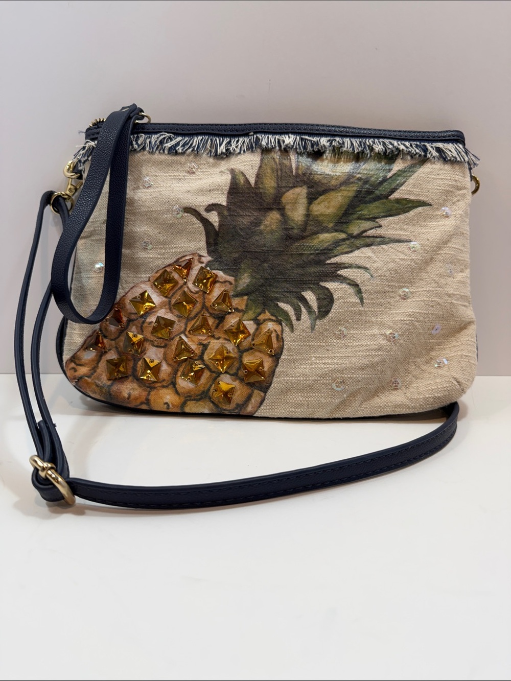 Jessica Simpson Cream Woven Pineapple Crossbody with Navy Trim